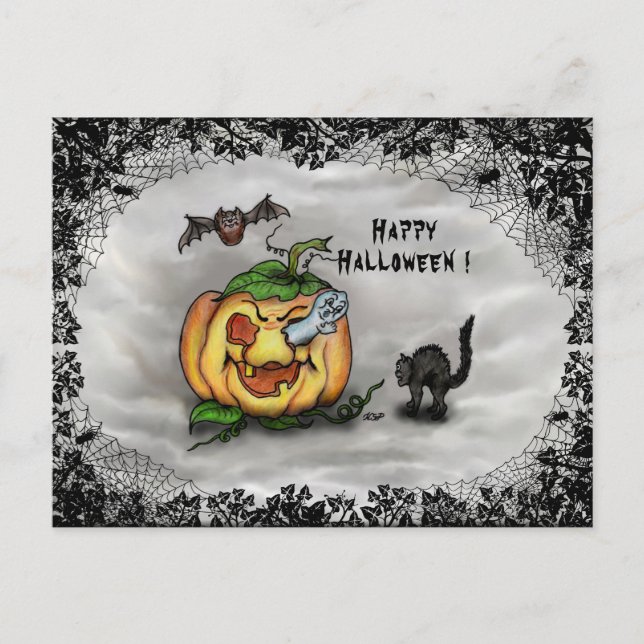 Ghost, Cat, Fladdermus och Pumpkin, Happy hallowee Vykort (Framsida)