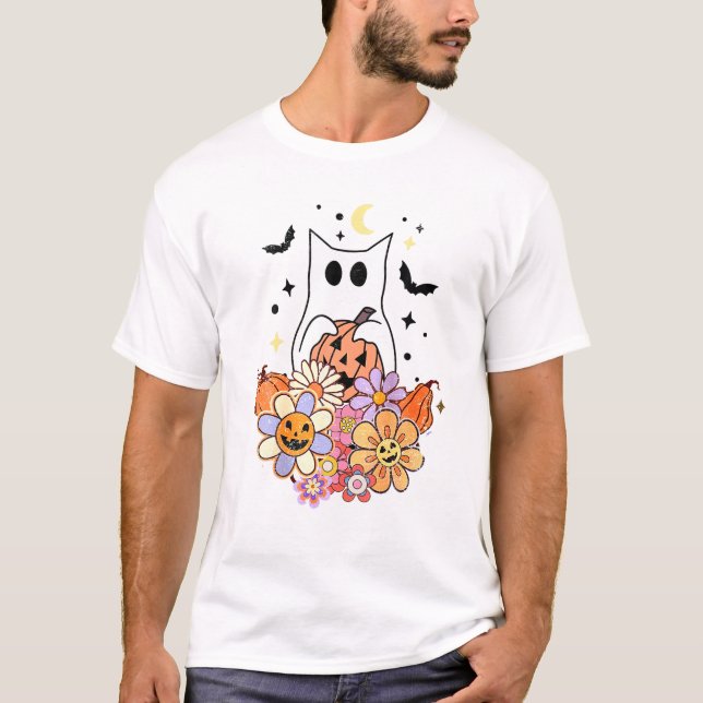 Ghost Cat Halloween Costume T Shirt (Framsida)