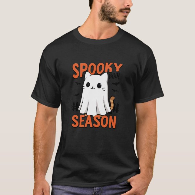 Ghost Cat Halloween Spooky Season Swea T Shirt (Framsida)