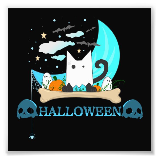 Ghost Cat Haunts Halloween Natt Fototryck (Framsidan)