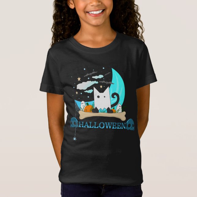 Ghost Cat Haunts Halloween Natt T Shirt (Framsida)