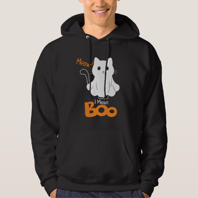 Ghost Cat Meow I Mean Boo Pumpkin Moon Halloween Hoodie (Framsida)