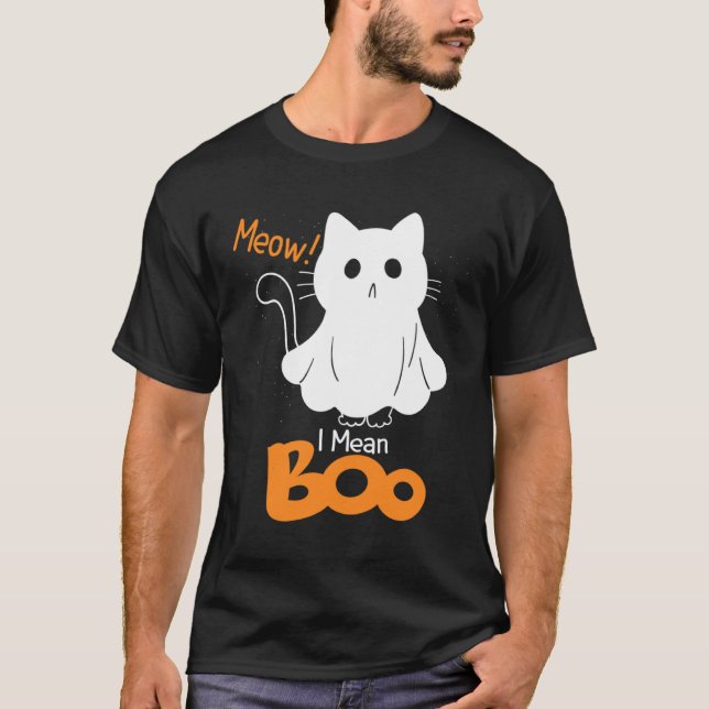 Ghost Cat Meow I Mean Boo Pumpkin Moon Halloween T Shirt (Framsida)