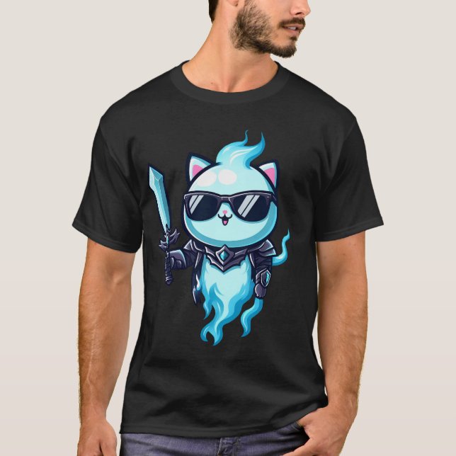 Ghost Cat Mythical Skull Armor med sword & Shades T Shirt (Framsida)