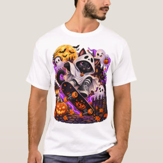 Ghost Cat Skateboard Halloween T Shirt