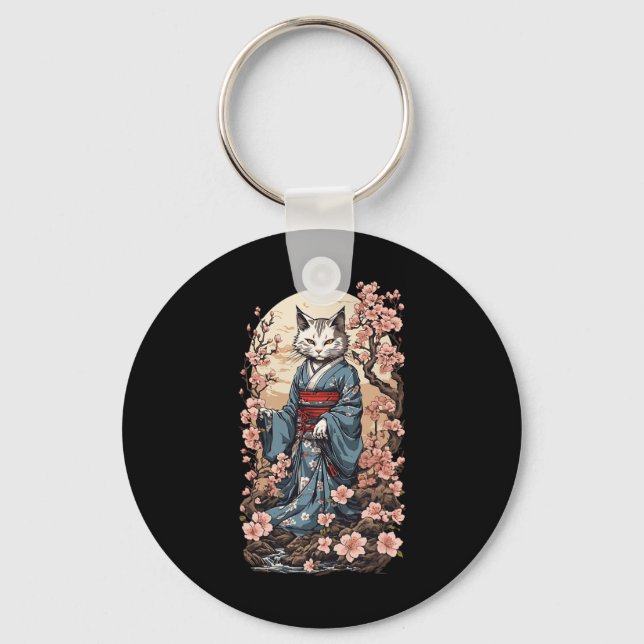 Ghost Cat with Kimono Japansk Yokai Folklore Desi Nyckelring (Framsida)