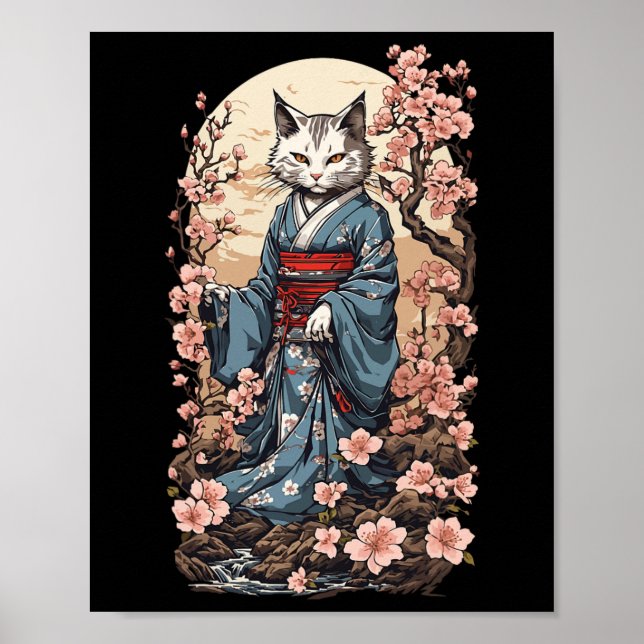 Ghost Cat with Kimono Japansk Yokai Folklore Desi Poster (Framsidan)