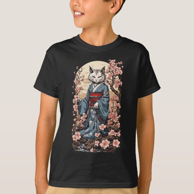 Ghost Cat with Kimono Japansk Yokai Folklore Desi T Shirt (Framsida)