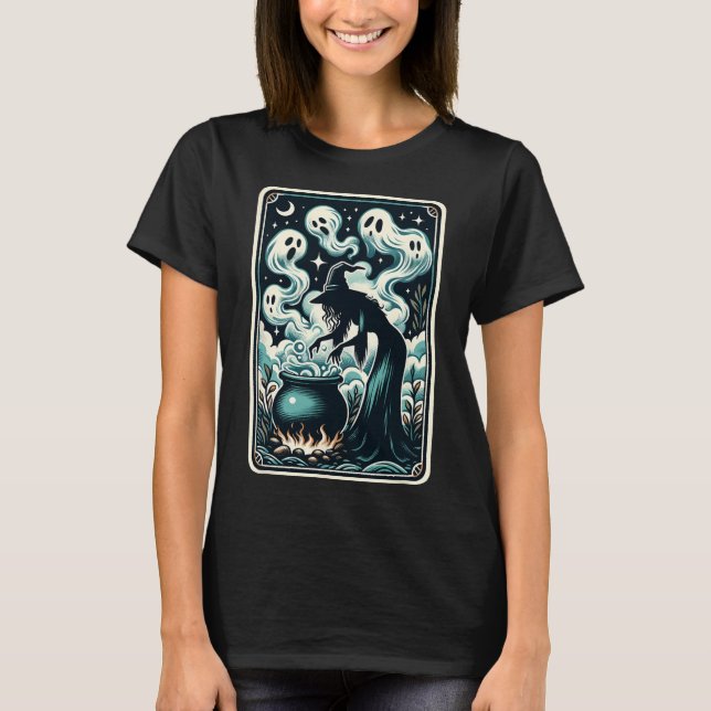 Ghost Cauldron Gothic Supernatural Tarot Card T Shirt (Framsida)