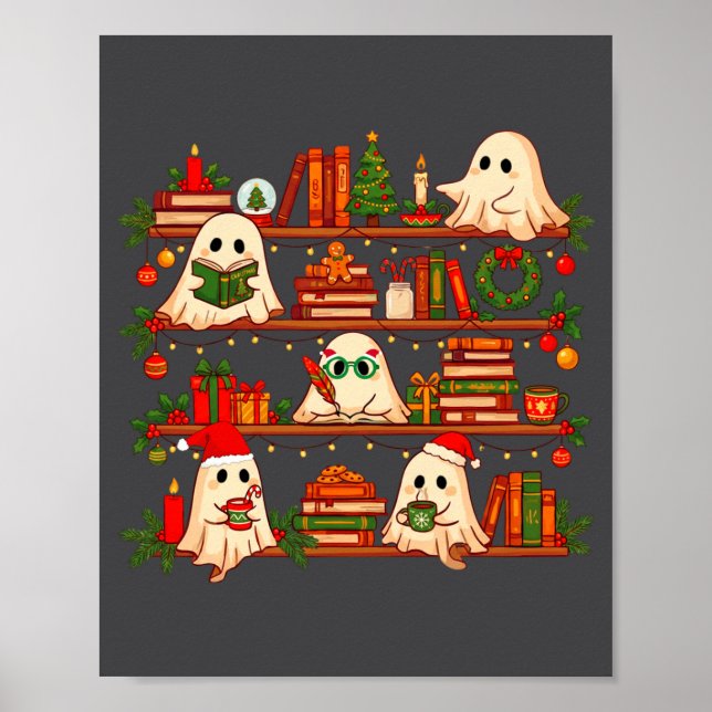 Ghost Christmas Hat Reading Book Bookshelf Lover L Poster (Framsidan)