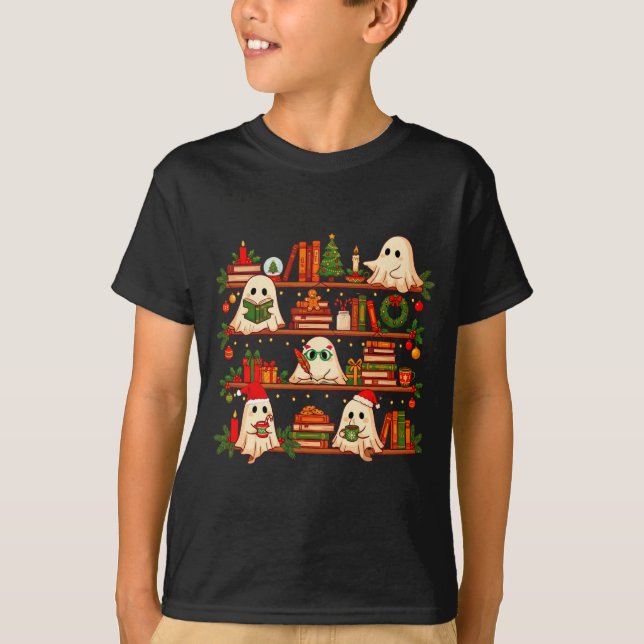 Ghost Christmas Hat Reading Book Bookshelf Lover L T Shirt (Framsida)