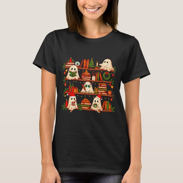 Ghost Christmas Hat Reading Book Bookshelf Lover L T Shirt (Framsida)