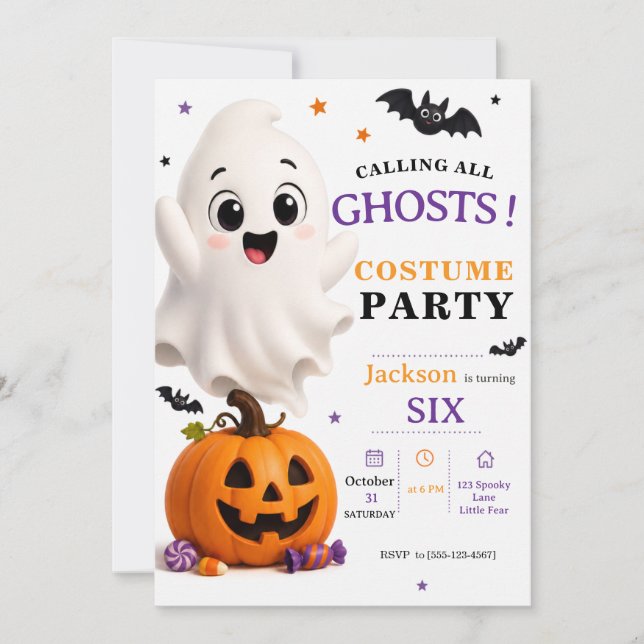 Ghost Costume Party - Söt Halloween-födelsedag Inbjudningar (Framsida)
