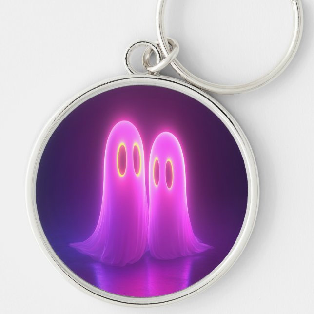 Ghost Couple - Kawaii Neon Kärlek Rund Silverfärgad Nyckelring (Framsidan)