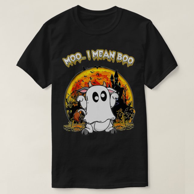 Ghost Cow Säg Moo I Elak Boo Pumpkin Måne Funny Ha T Shirt (Design framsida)