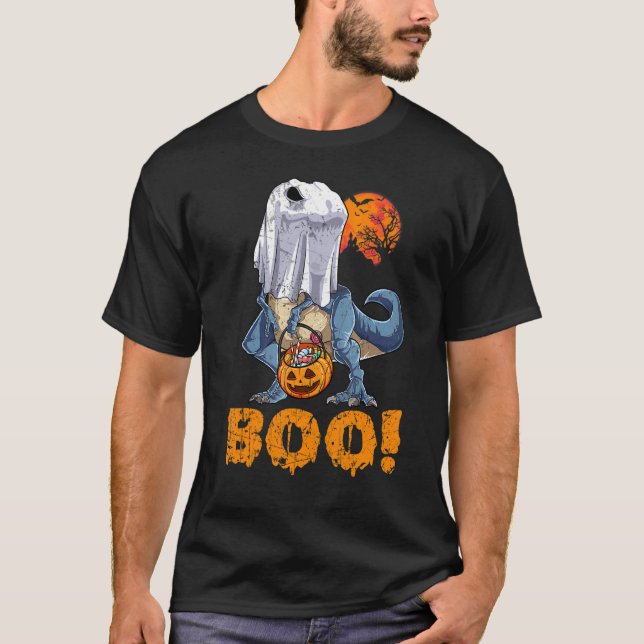 Ghost Dinosaur T rex Funny Boo Halloween Boys Mana Shirt (Framsida)