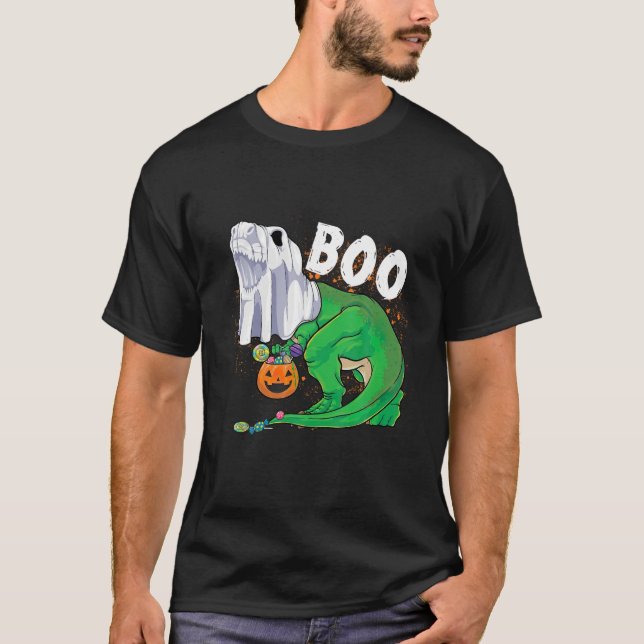 Ghost Dinosaur T rex Funny Boo Halloween Boys Mana T Shirt (Framsida)