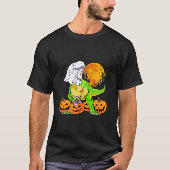 Ghost Dinosaur T Rex Pumpkin med Måne Halloween Shirt (Framsida)