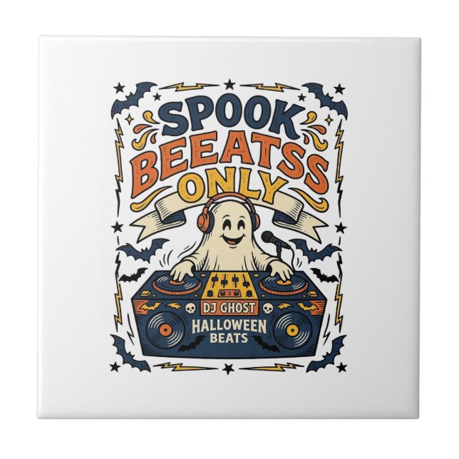 Ghost DJ Spooky Beats Vintage Gravyr Halloween  Kakelplatta (Framsidan)