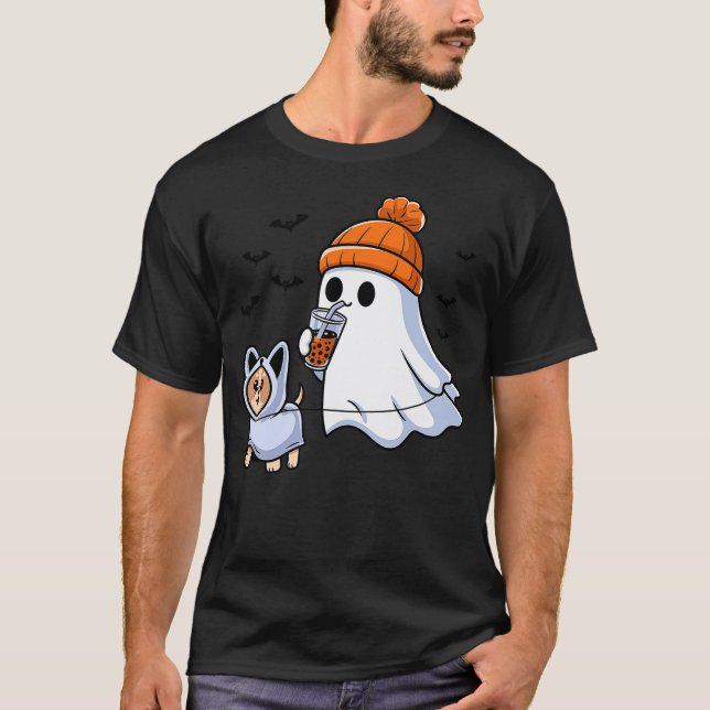 Ghost Drinking Bubble Tea Dog Halloween Costume Me T Shirt (Framsida)