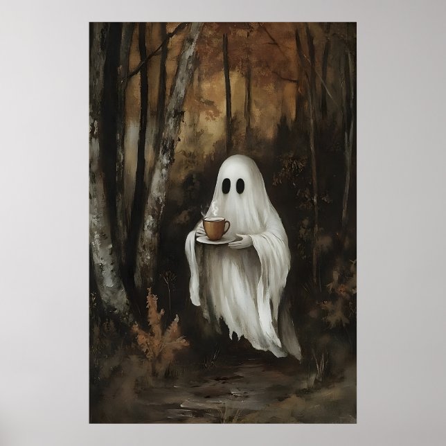 Ghost Drinking Coffee In Fall Forest Print, Ghost Poster (Framsidan)