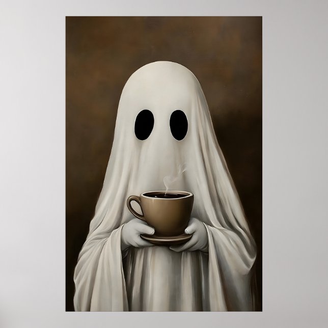 Ghost Drinking Coffee Print, Ghost Tea Whimsical Poster (Framsidan)