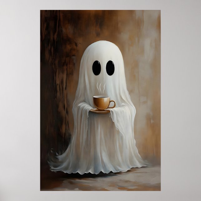 Ghost Drinking Coffee Print, Ghost Tea Whimsical Poster (Framsidan)