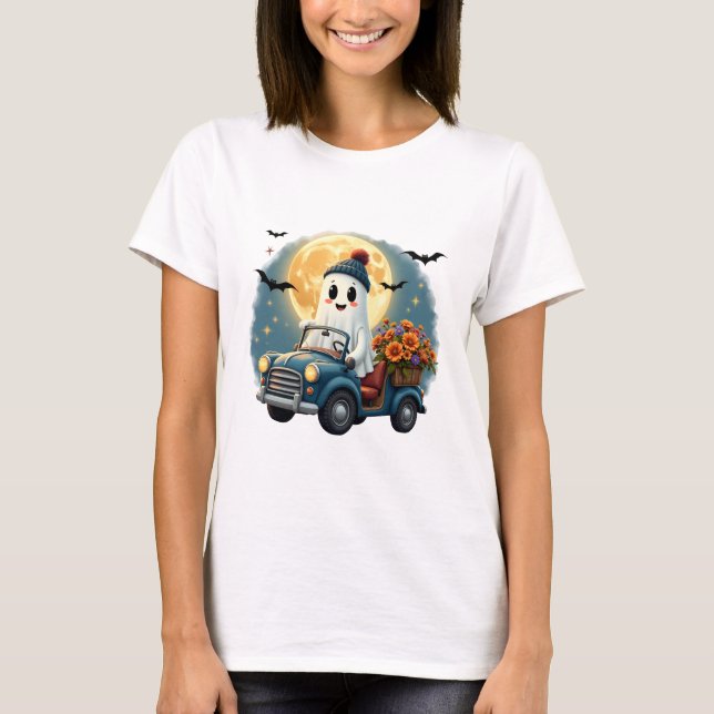 Ghost Driving Car Halloween-design med F T Shirt (Framsida)