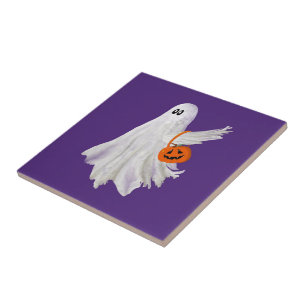 Ghost eller behandling med pumpkin Candy Bucket Kakelplatta