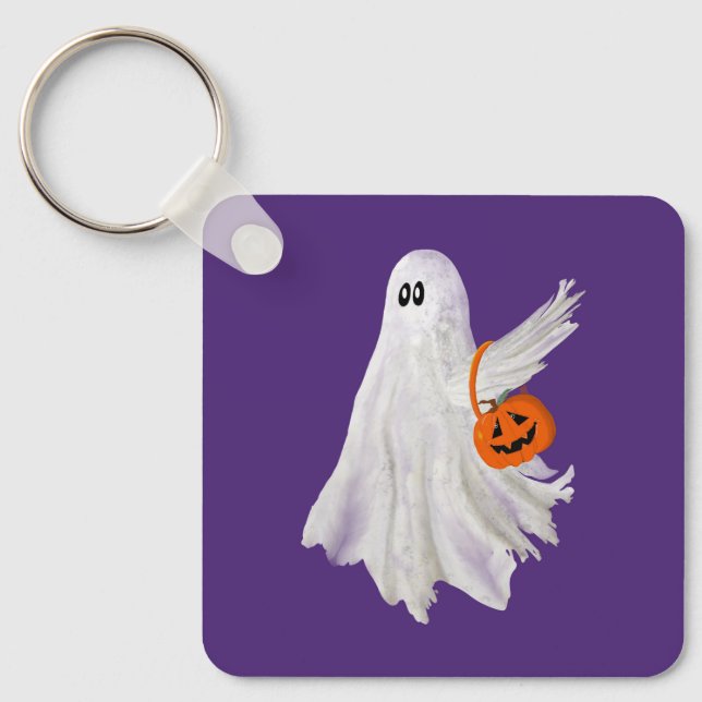 Ghost eller behandling med pumpkin Candy Bucket Nyckelring (Framsida)