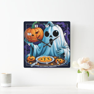 Ghost firar Halloween med pumpor Fyrkantig Klocka