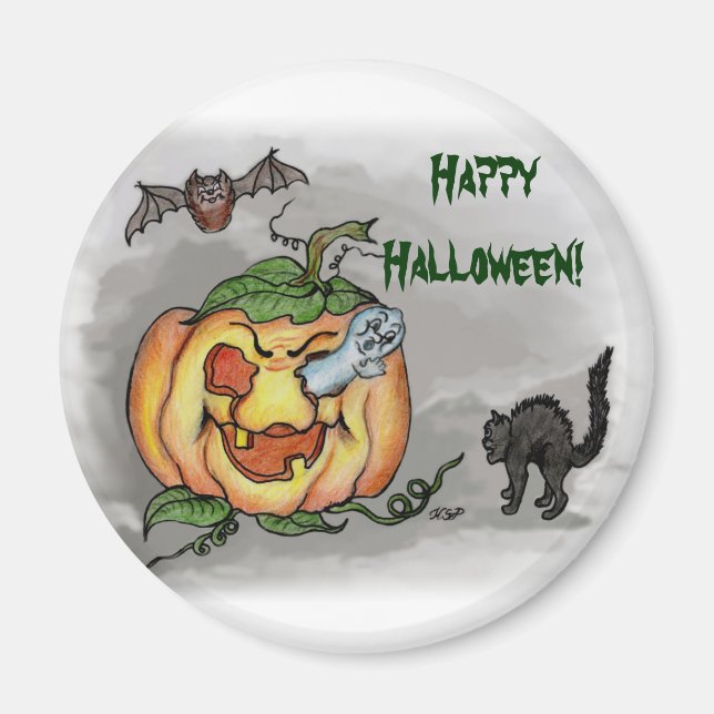 Ghost, Fladdermus och Cat, Happy halloween! Magnet (Framsidan)