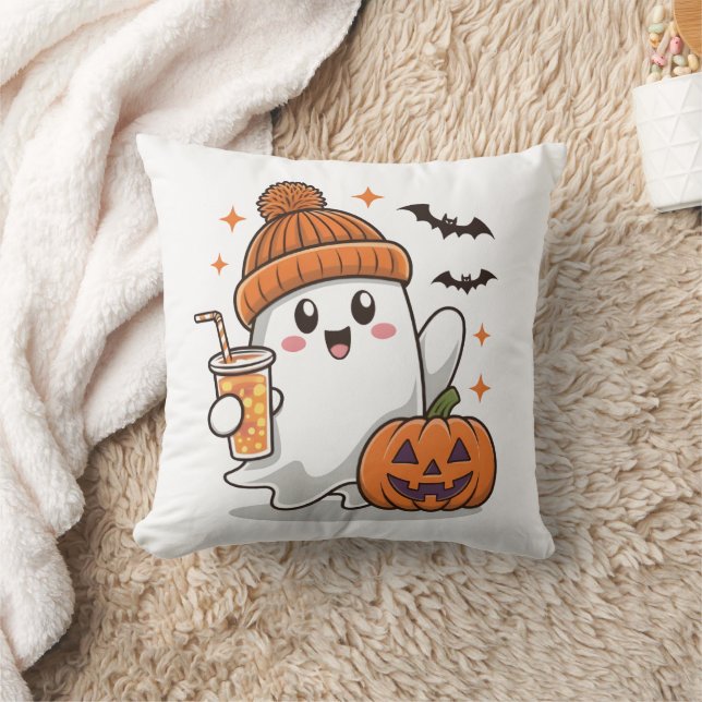 Ghost, Fladdermus, Pumpkin and Drink, Cute Hallowe Kudde (Filt)