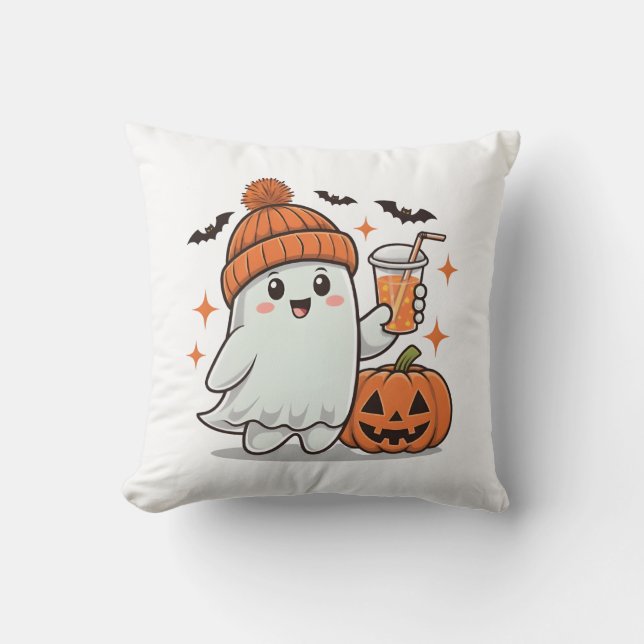 Ghost, Fladdermus, Pumpkin and Drink, Cute Hallowe Kudde (Framsida)