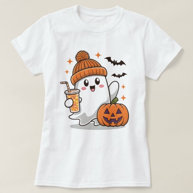 Ghost, Fladdermus, Pumpkin and Drink, Cute Hallowe T Shirt (Design framsida)
