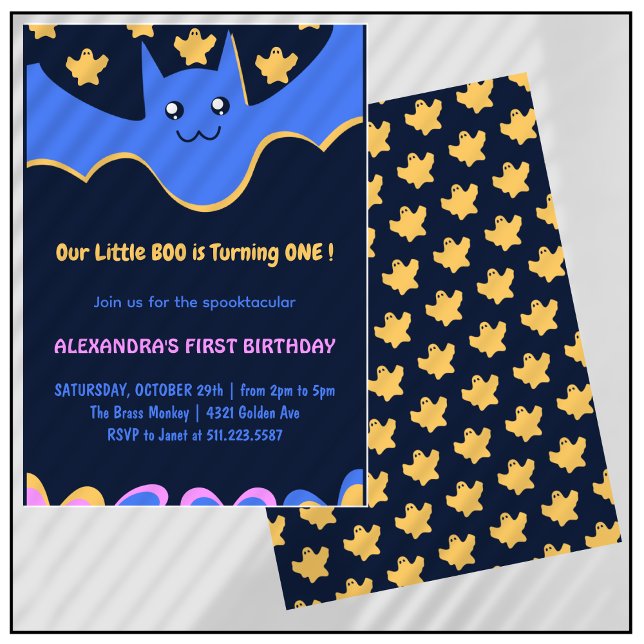 Ghost Flies fladdermus Little boo Halloween 1st Bi Inbjudningar (Halloween-1st-Birthday-Invitation-Ghost-Flying-bat-Little-boo-1)