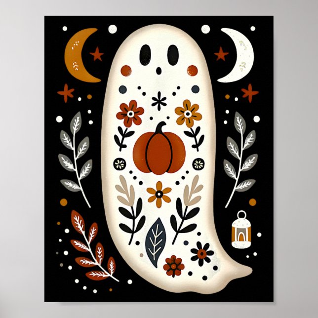 Ghost Folk Art Blommigt Autumn Fall Pumpkin Spooky Poster (Framsidan)