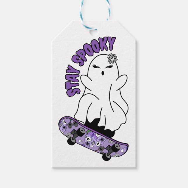 Ghost för "Stanna Spooky" på ett Skateboard - Lila Presentetikett (Framsidan)