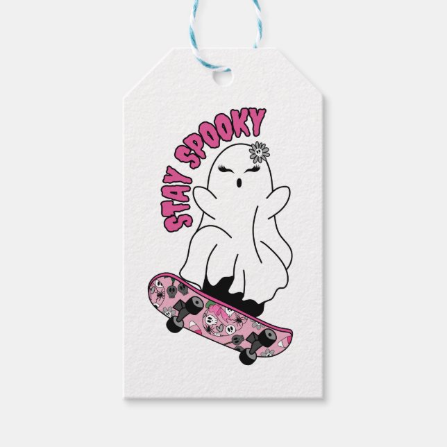 Ghost för "Stanna Spooky" på ett Skateboard - Rosa Presentetikett (Framsidan)
