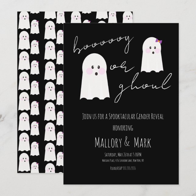 Ghost Ghoul Halloween fest Gender Reveal Black Inbjudningar (Fram/baksida)