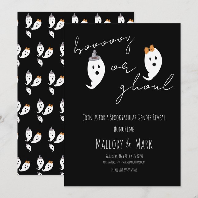 Ghost Ghoul Halloween Gender Reveal Party Black Inbjudningar (Fram/baksida)