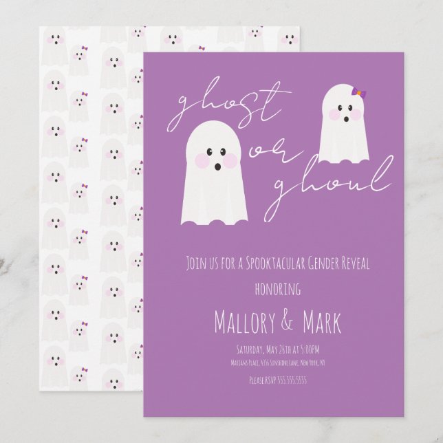 Ghost Ghoul Halloweenfest Könsbestämning Lila Inbjudningar (Fram/baksida)