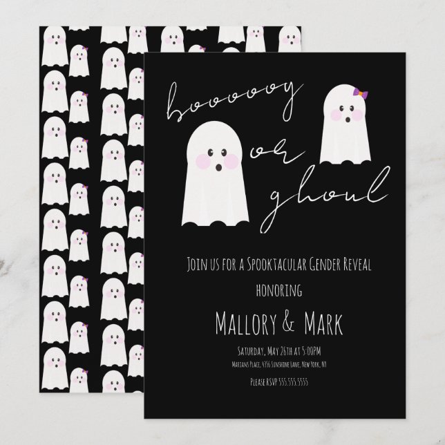 Ghost Ghoul Halloweenfest Könsbestämning Svart Inbjudningar (Fram/baksida)