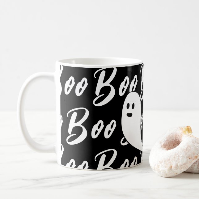 Ghost Halloween Black and White boo text mönster Kaffemugg (Med munk)