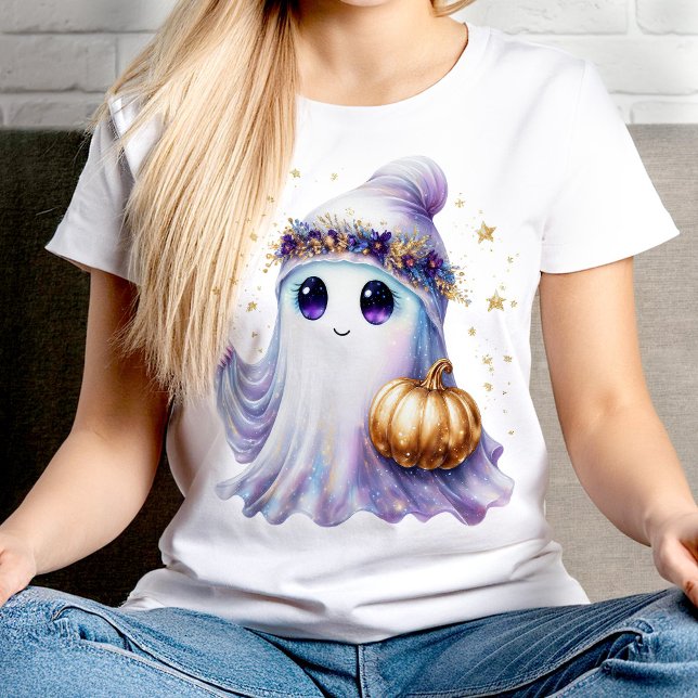 Ghost Halloween Cute Lavendar Lila Bougie T Shirt (neon pink lavender fuchsia purple bougie electric bright Light Violet ghost in a wreath golden pump)