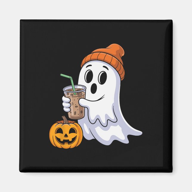 Ghost Halloween Drinking Coffee Ghost Ice Coffee P Magnet (Framsidan)