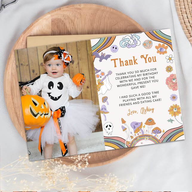 Ghost Halloween Groovy Birthday Photo Tack Kort (Skapare uppladdad)