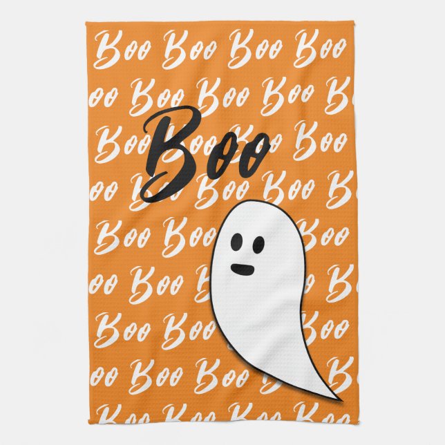 Ghost Halloween svart vit orange boo Kökshandduk (Vertikal)