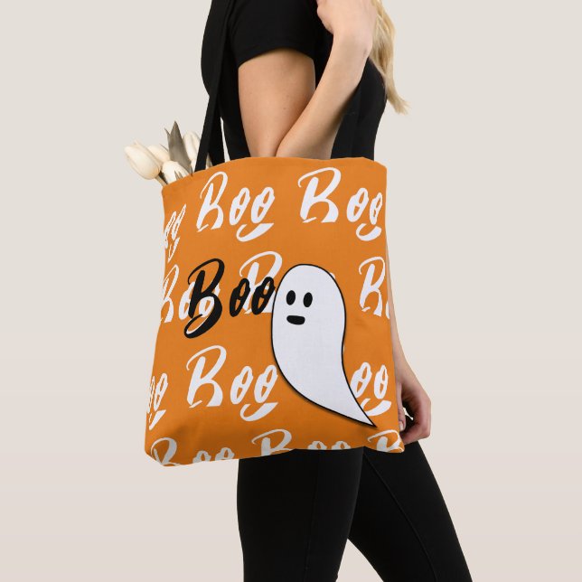 Ghost Halloween svart vit orange boo Tygkasse (Närbild)