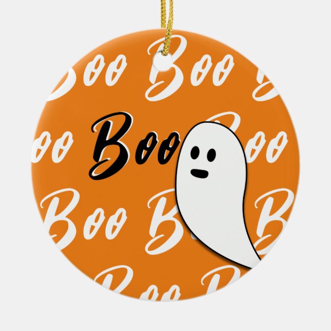 Ghost Halloween svartvit orange boo Julgransprydnad Keramik (Framsidan)